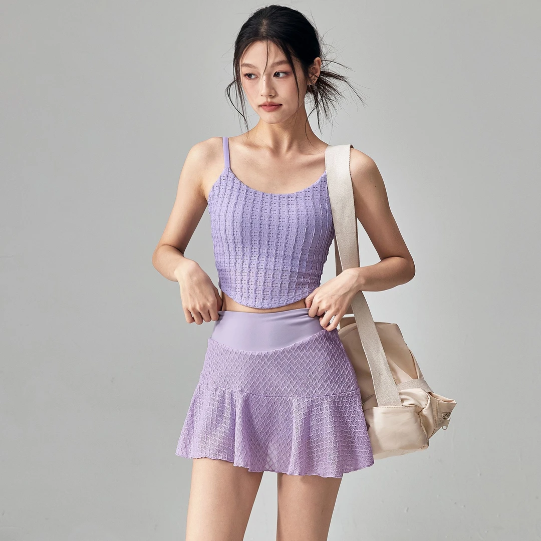 健身女孩夏季瑜伽服套装高级感跑步训练运动背心短款防走光网球裙