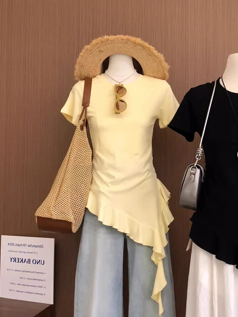 不规则黄色正肩短袖t恤女装夏季独特荷叶边掐腰小衫设计感上衣