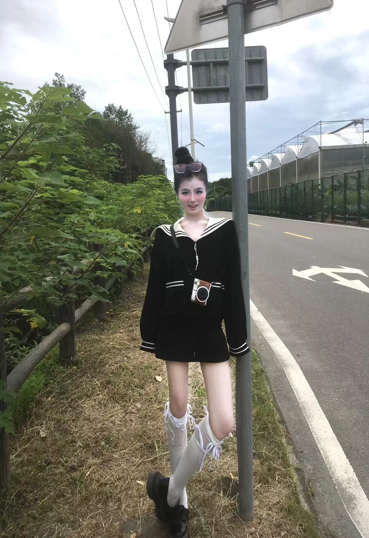 学院风海军领撞色黑色卫衣套装裙女卫衣半身裙小个子穿搭一整套