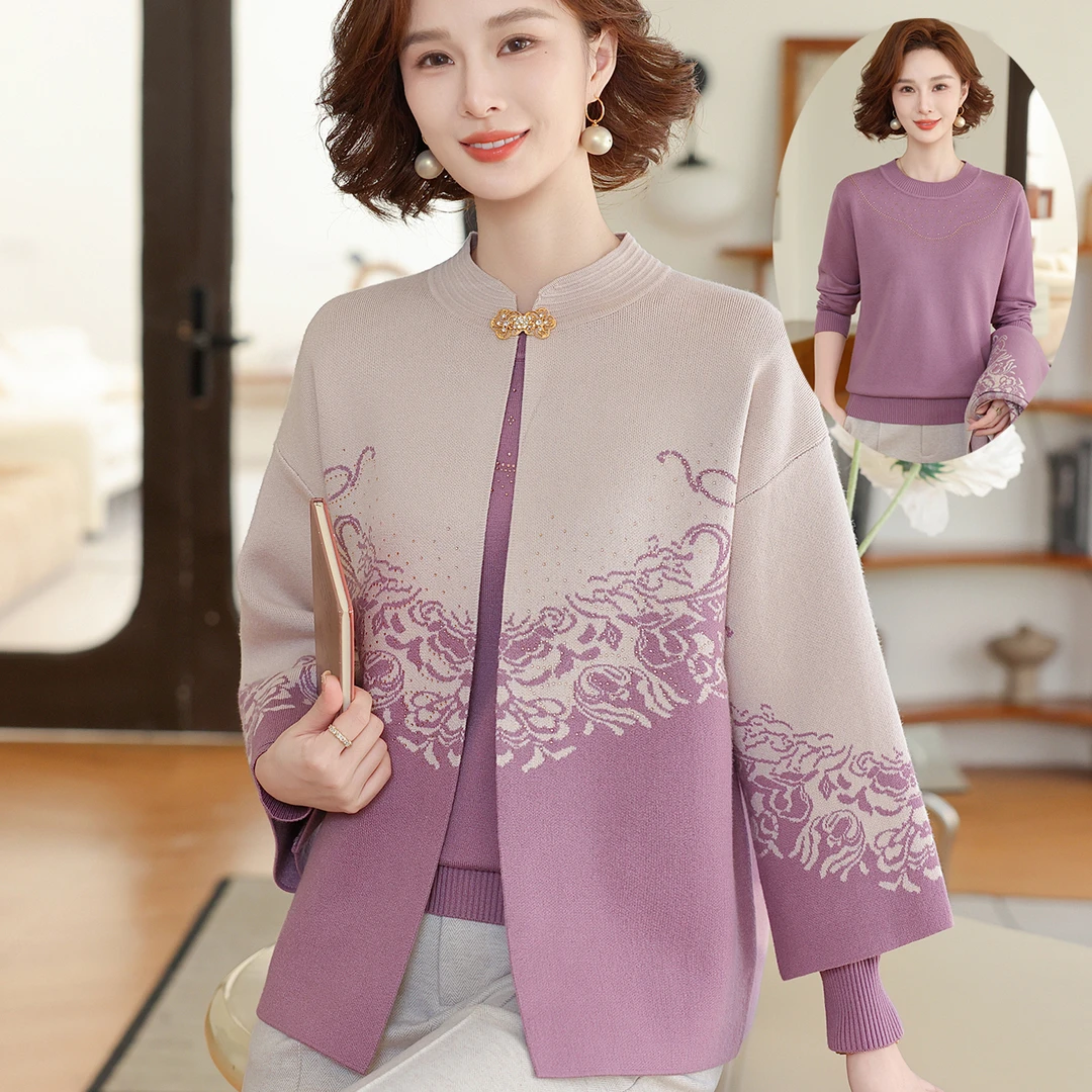妈妈装针织两件套中老年毛衣2025春秋新款上衣奶奶装秋冬毛衣套装