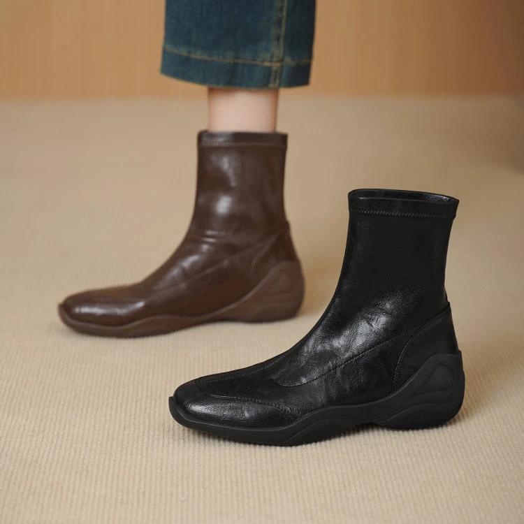 秋冬新款厚底短靴女复古棕色松糕底英伦风弹力靴时尚休闲瘦瘦靴女