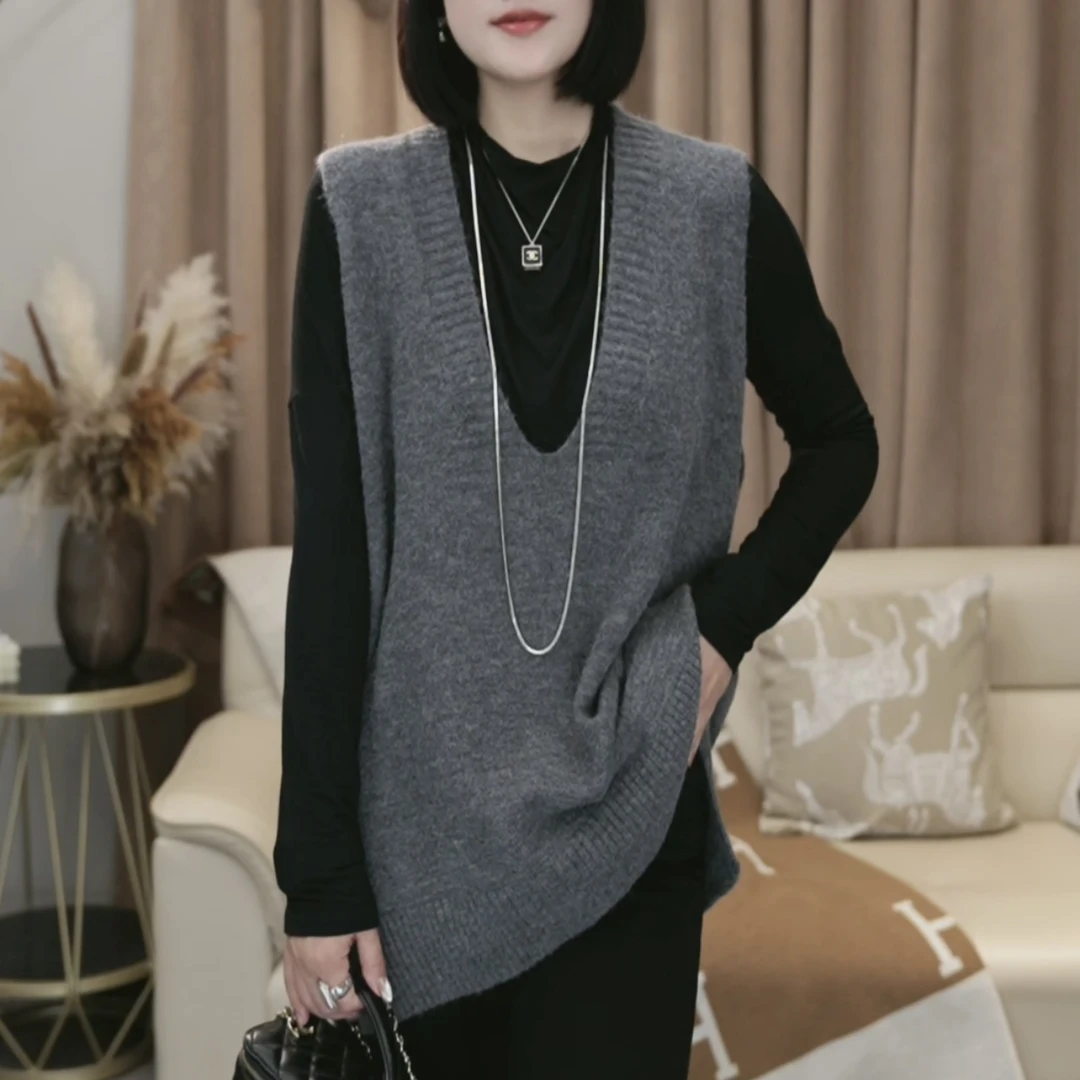 SZ&韩版V领针织马甲SZ9006#休闲百搭宽松遮屁股时尚无袖套头坎肩