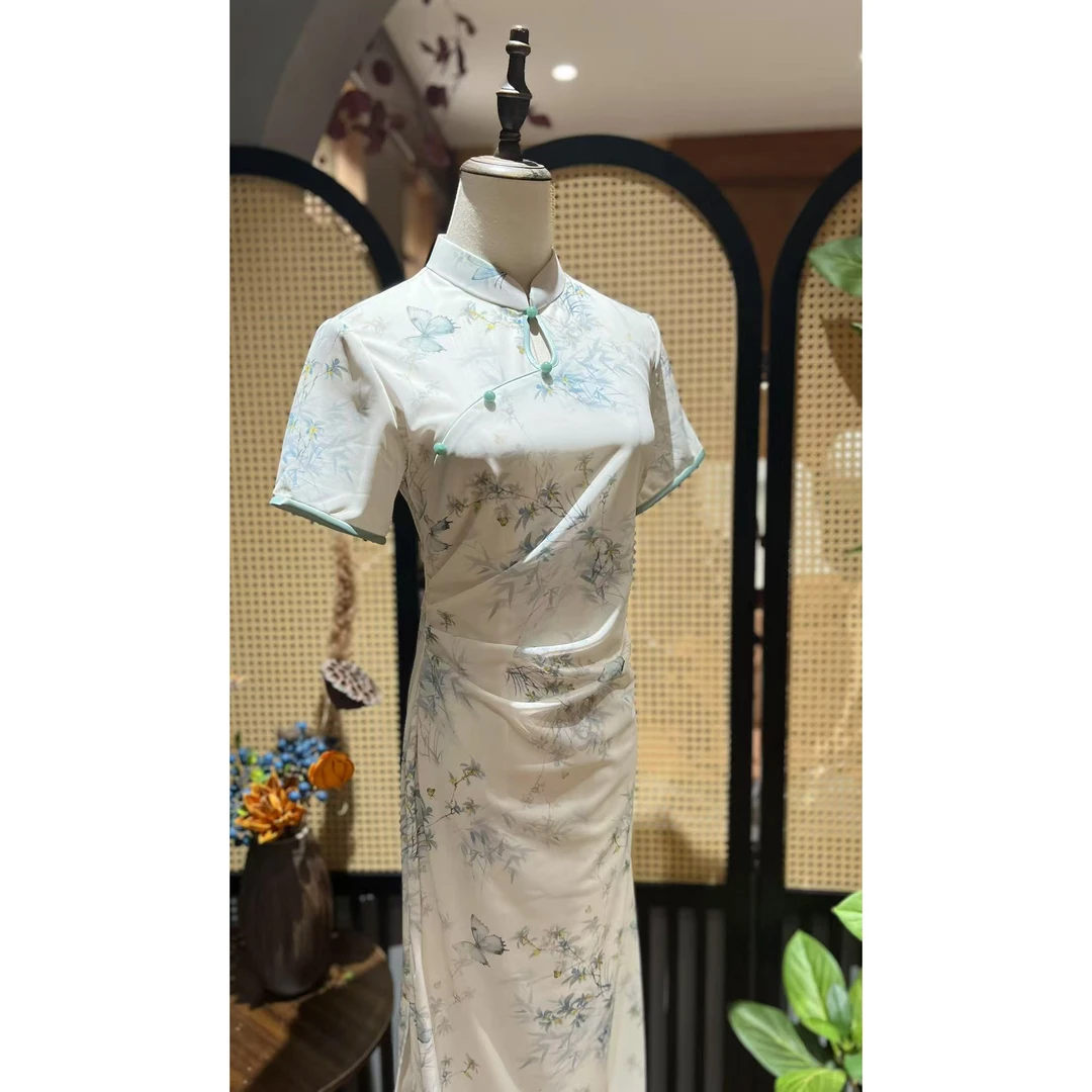 戚薇原创【竹香蝶影】长118夏季高品质国风旗袍