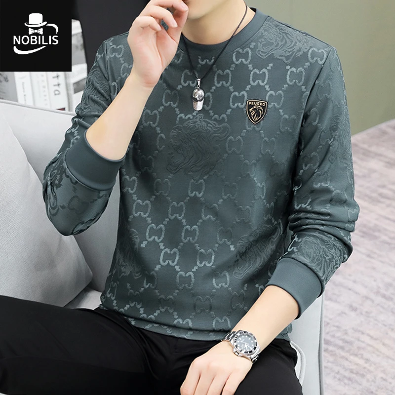 男士圆领长袖新款印花修身潮流帅气百搭时尚卫衣青年春秋季上衣