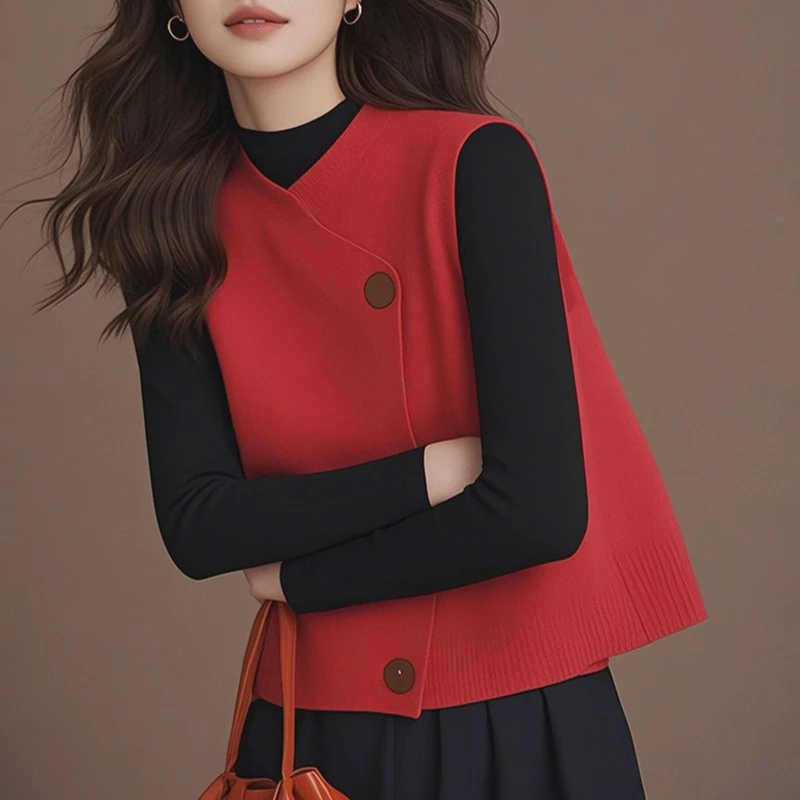 本命年新年衣服新中式红色盘扣针织马甲叠穿内搭高级感上衣女春