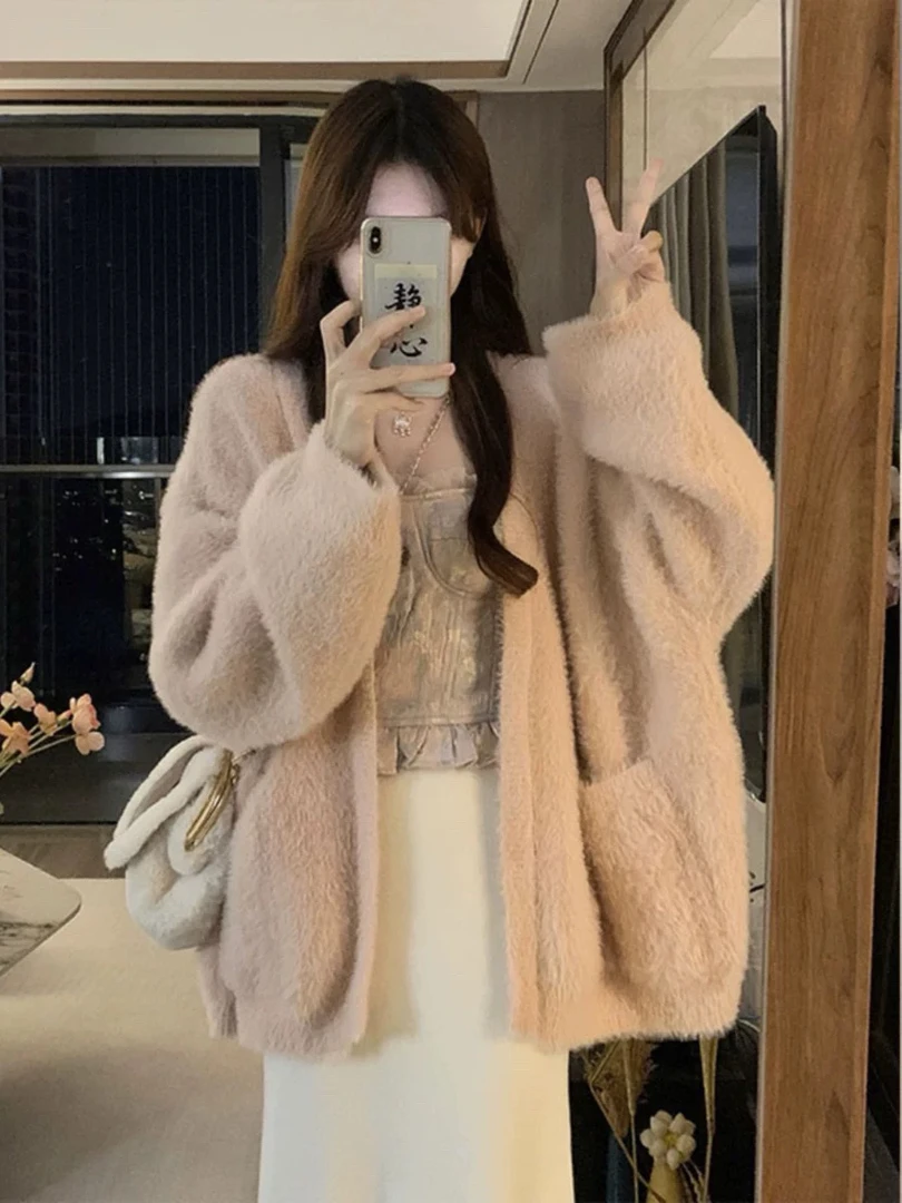 大量现货奶fufu慵懒水貂绒毛衣外套女秋冬小香风加厚毛绒针织开衫