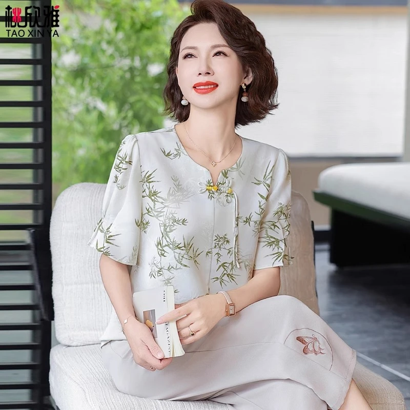 洋气妈妈夏装雪纺衬衫短袖t恤贵夫人中老年人女夏季国风气质上衣