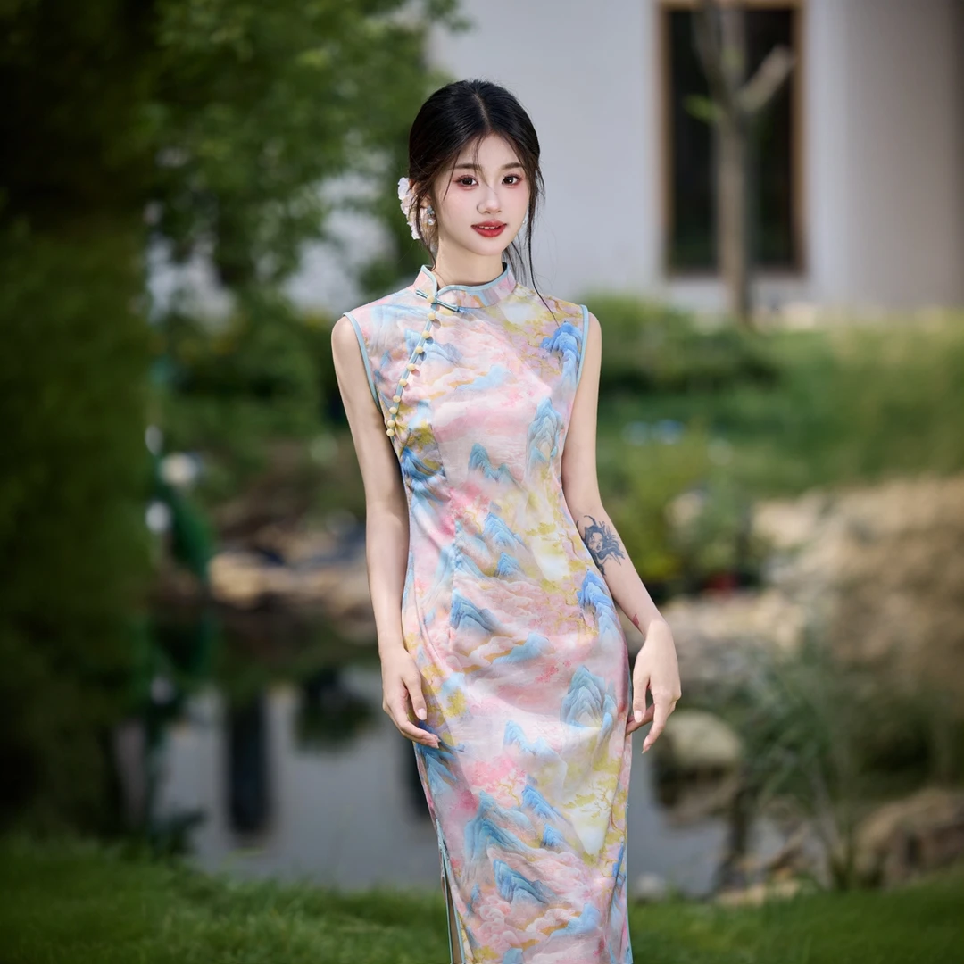 江山美人|新中式无袖江山图旗袍长款2025新款显瘦修身版S-2XL