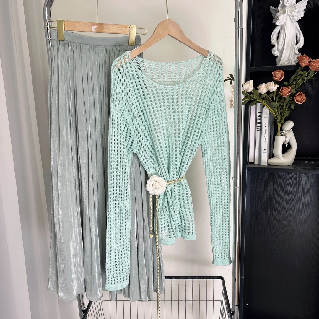 Design/25春季新款轻奢气质镂空休闲清新上衣+半裙 10079 BCK