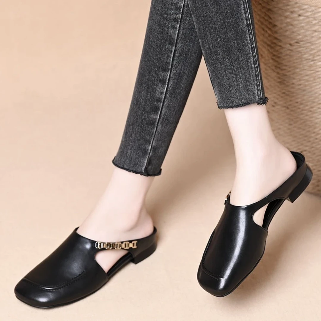 3cm/牛皮/粗跟真皮包头半拖鞋女时尚夏季新款圆头镂空中跟皮拖鞋