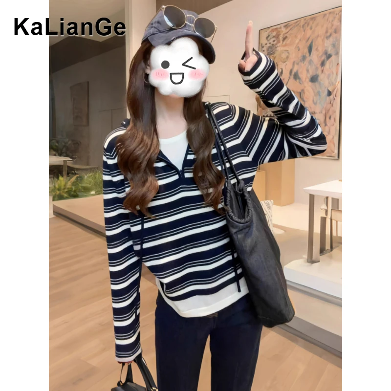 卡莲格/假两件条纹撞色连帽打底衫女秋季微胖mm显瘦长袖帽衫上衣