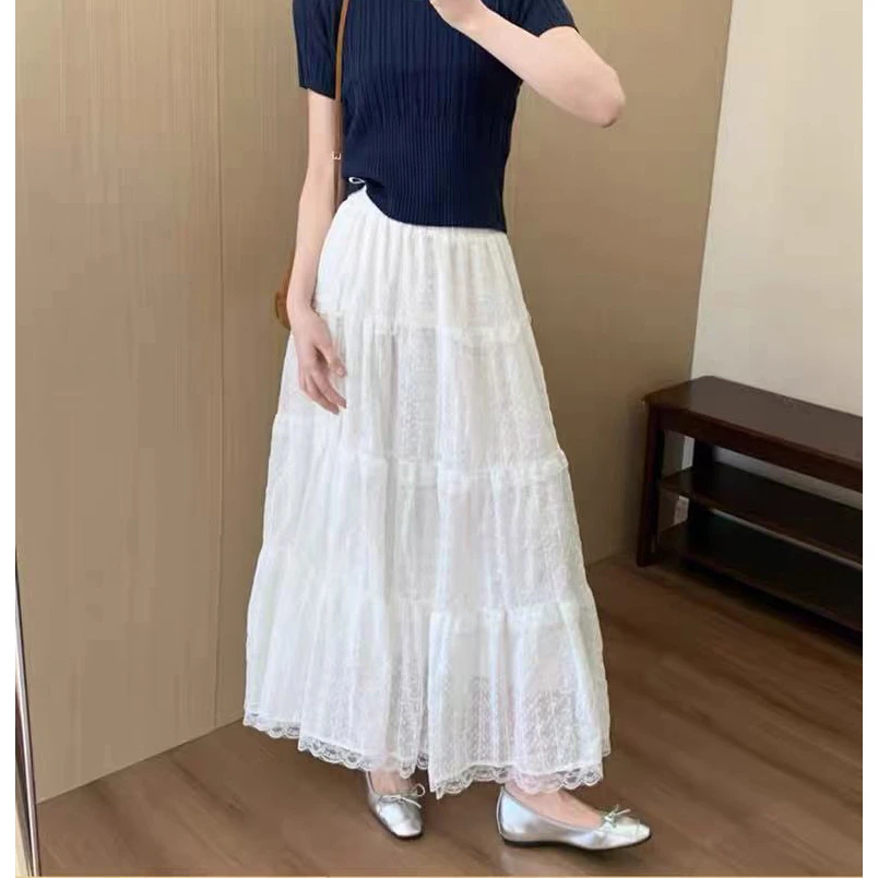 白色蕾丝半身裙子女夏季新款百搭高腰显瘦小个子中长款蛋糕裙伞裙