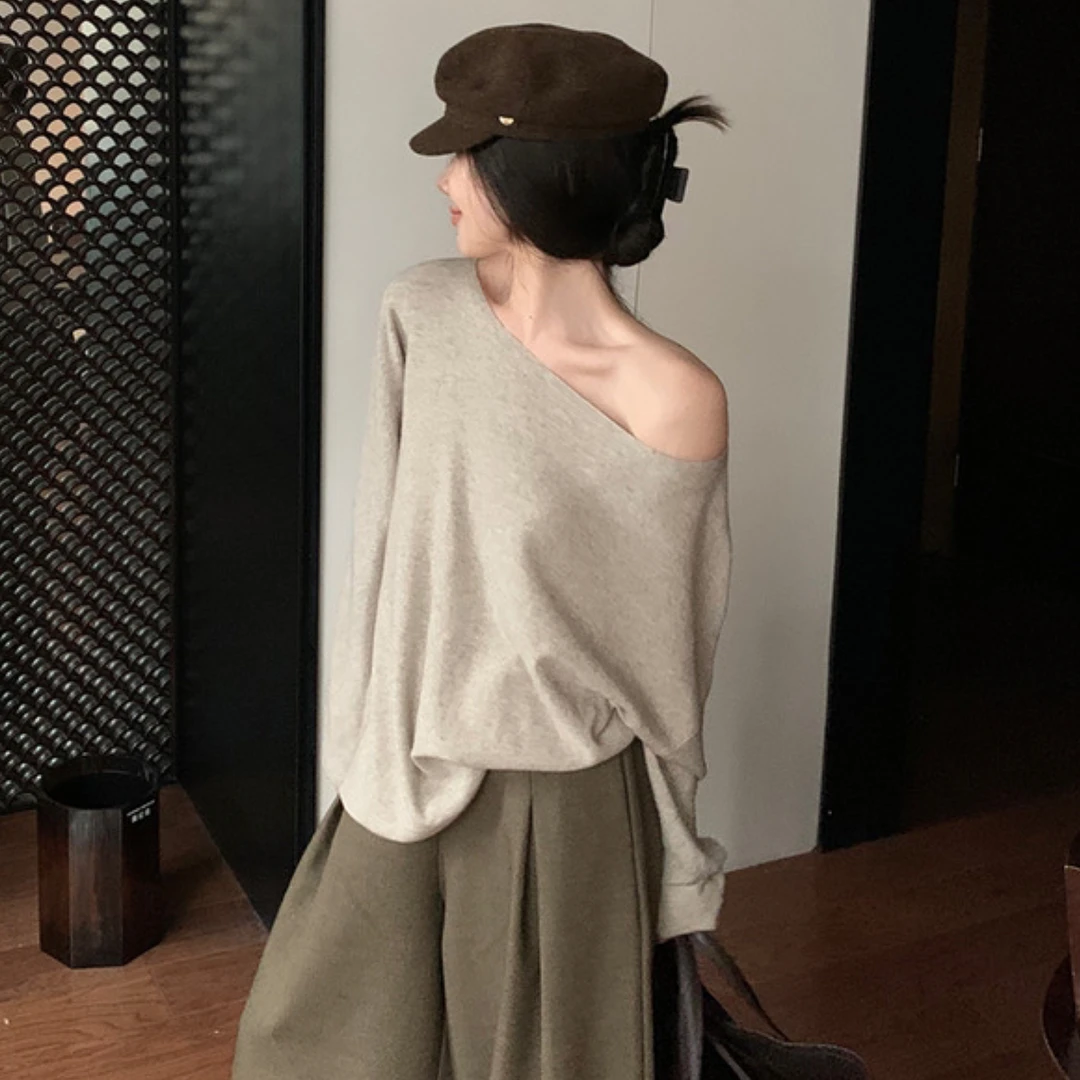 A今年流行好看春季慵懒风斜肩露肩内搭针织韩系宽松遮肉上衣#9021