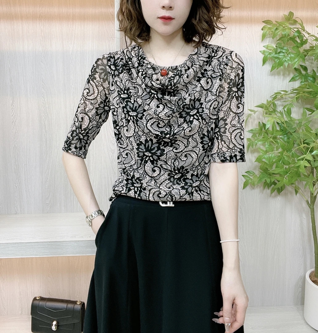 夏季新款印花堆堆领时尚百搭显瘦洋气气质小衫