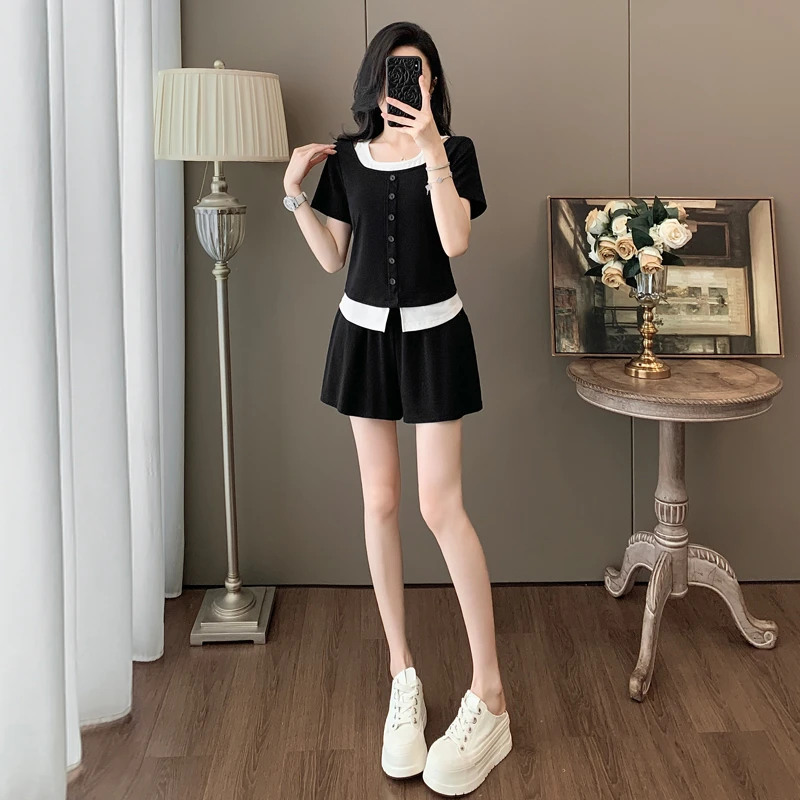 假两件短袖短裤套装女夏季显瘦洋气减龄小个子休闲运动时尚两件套