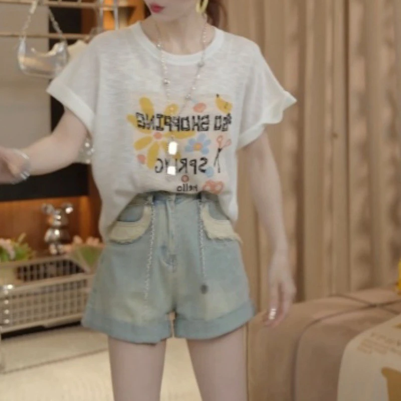 香朵儿洋气休闲百搭时尚两件套女2025年夏季薄款短袖链条牛仔短裤