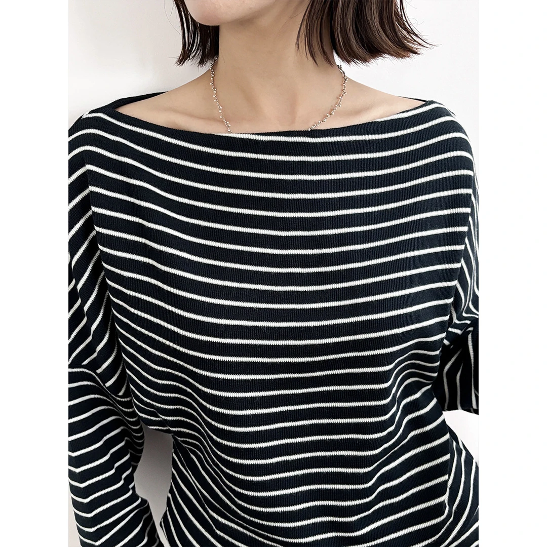 心机条纹亲肤羊毛斜肩短款休闲百搭针织衫打底衫气质毛衣内搭