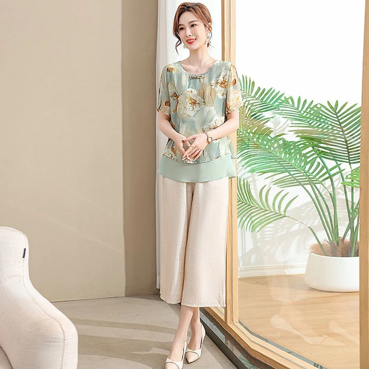 新款夏季遮肚宽松减龄中长款印花短袖洋气大码上衣显瘦时尚休闲