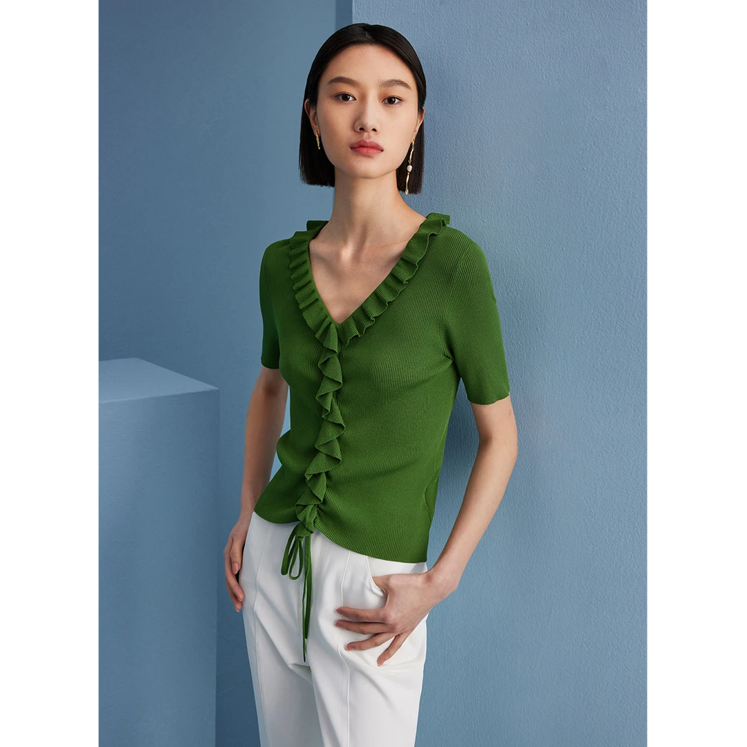 【陈大可】纯色V领T恤夏季抽绳短袖弹力收腰短袖M733101487