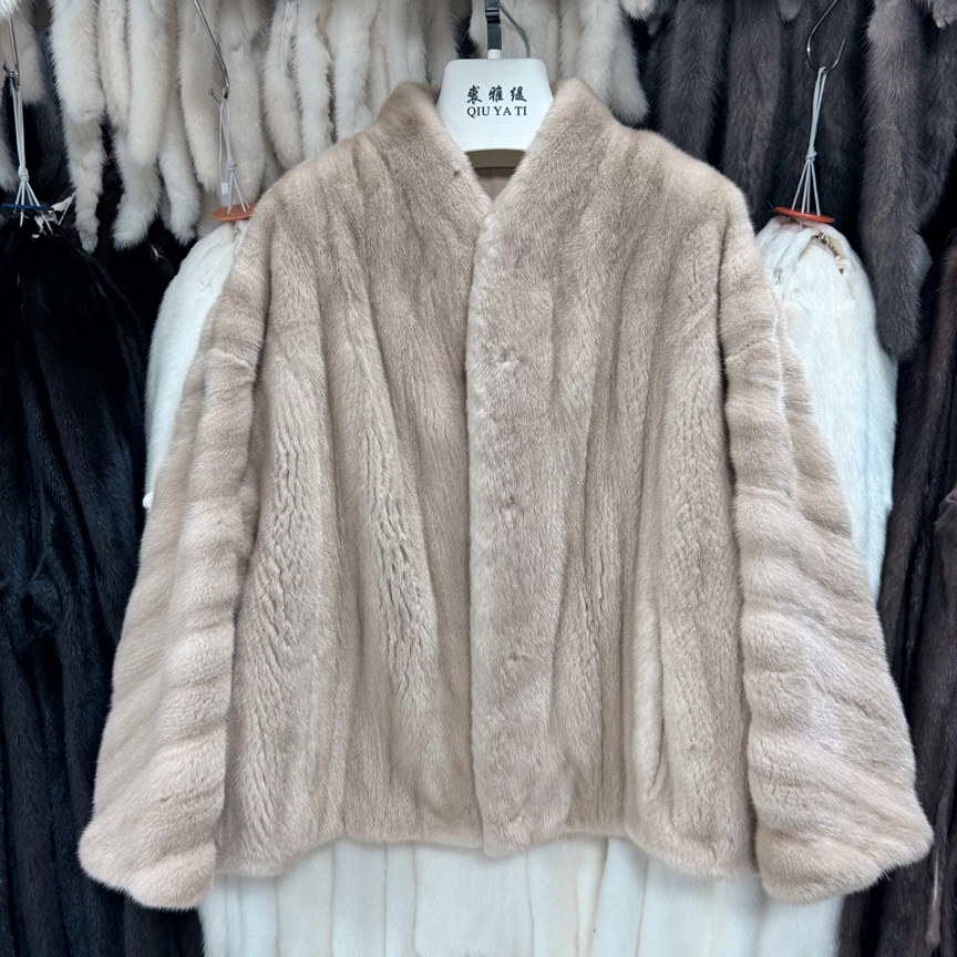 进口水貂短二小母貂机开分刀款浅米黄本色时尚温柔气质冬季女外套