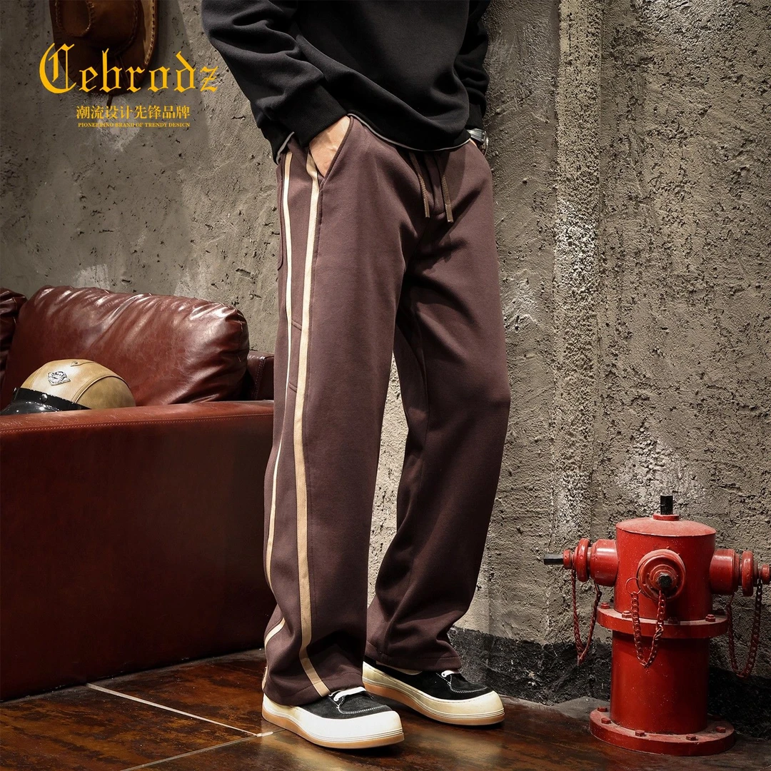法国Cebrodz垂感男生裤子2025宽松直筒休闲裤潮流侧条纹休闲裤