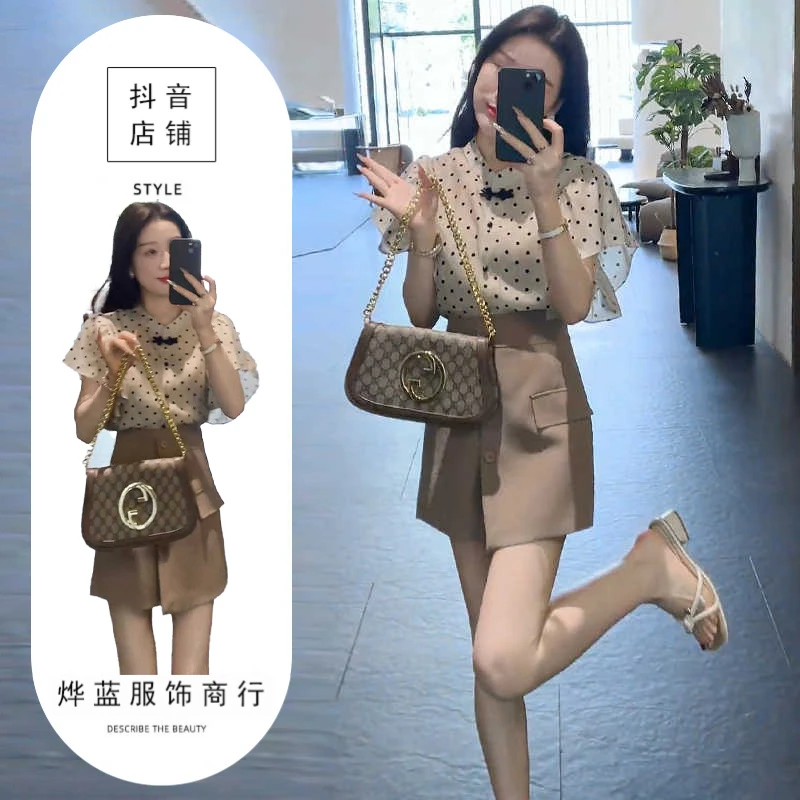 夏日穿搭套装2025设计感荷叶边小飞袖波点雪纺衬衫半身裙两件套