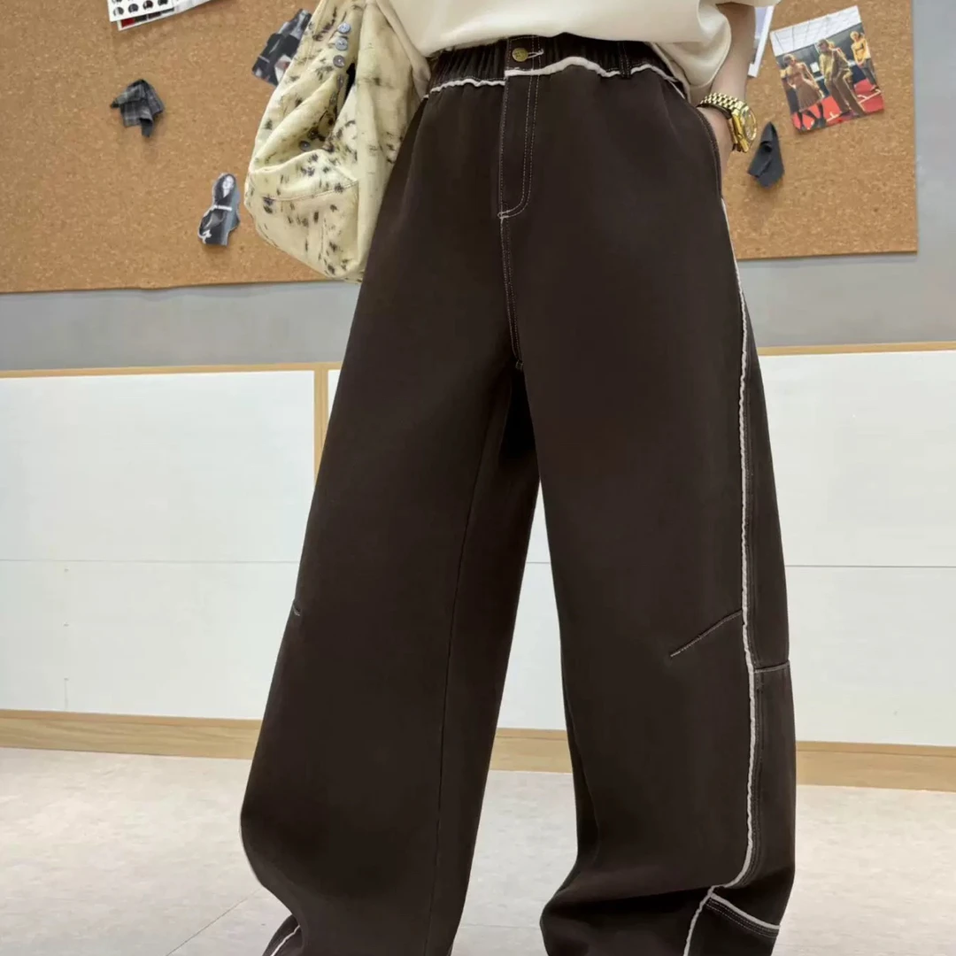 56583个性撞色口袋休闲弯刀女裤胖mm2025冬季款宽松显瘦大码女装