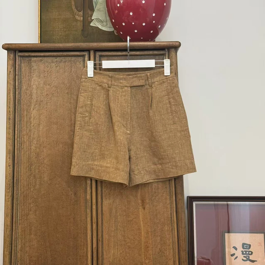 MYL2025春季新品软亚麻棕黄色短裤中腰直筒纯色时尚百搭休闲裤