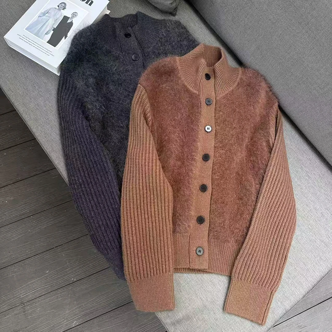 yu hee “冬日恋岛”高品质南非马海毛拼接针织毛衣开衫