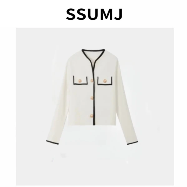 小香风撞色圆领短款外套女复古金属扣气质百搭上衣  8487