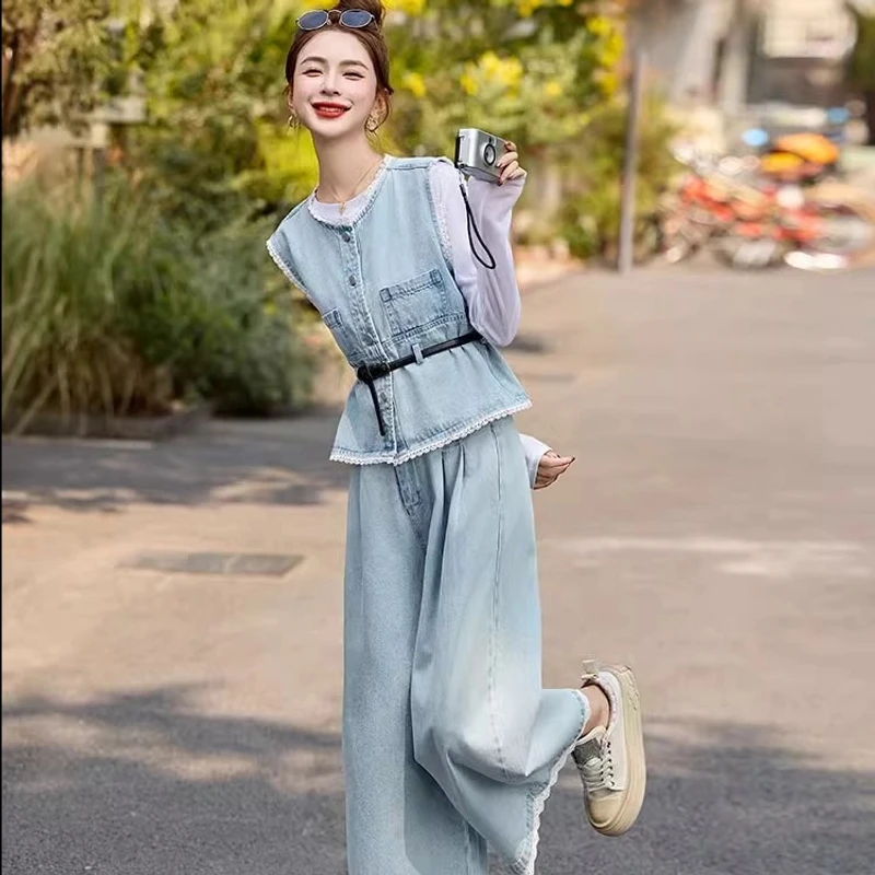 蕾丝花边马甲阔腿裤牛仔套装女2025新款超火三件套春装爆款高级感