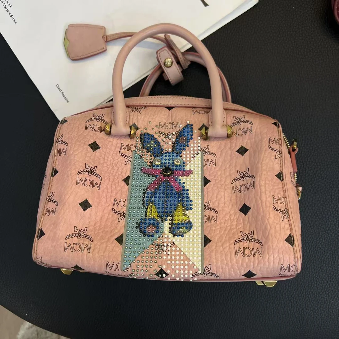 95新 MCM 大麦中古/mcm粉色兔子波士顿/斜挎包