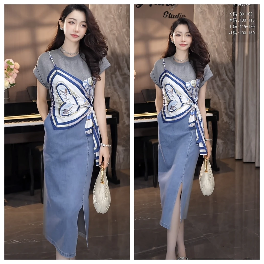时尚艺术丝巾印花收腰牛仔连衣裙女夏季新款软糯气质网红中长裙子