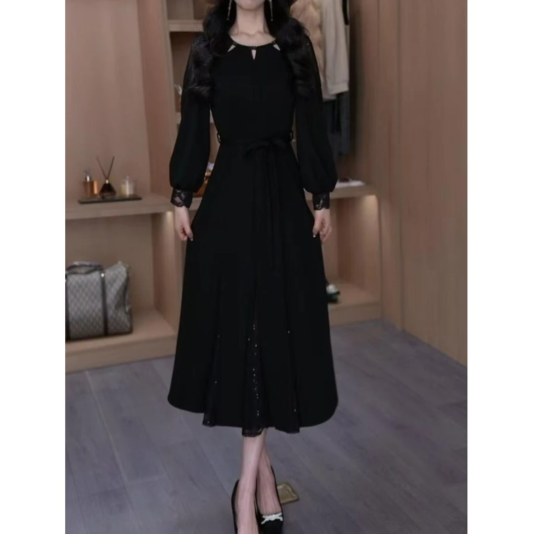 9960#黑色长袖连衣裙女春季新款女士洋气减龄收腰显瘦蕾丝裙