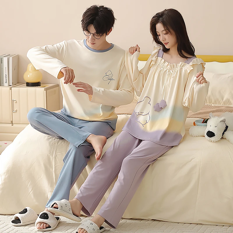 100%纯棉情侣睡衣女秋季卡通韩版女士长袖睡衣家居服休闲全棉套装