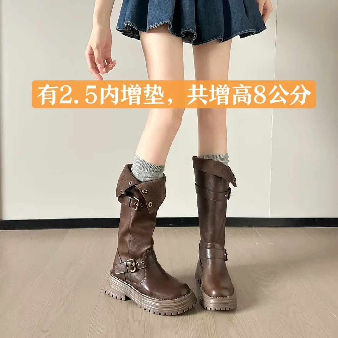 【郭萌萌专属】复古翻折两穿厚底马丁靴女圆头皮带扣高筒靴