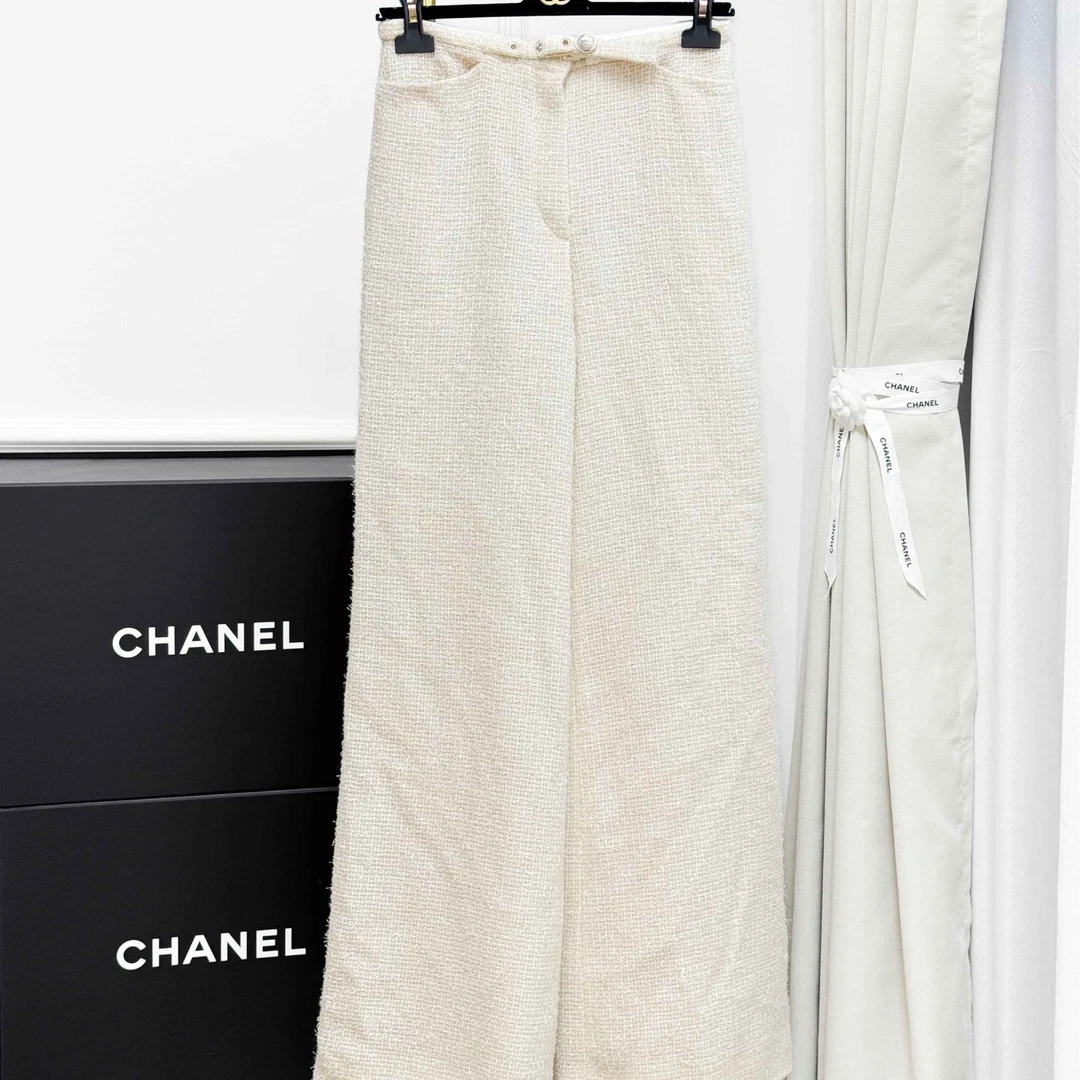 99新 Chanel/香奈儿 36码20B米白色珍珠扣编织阔腿裤