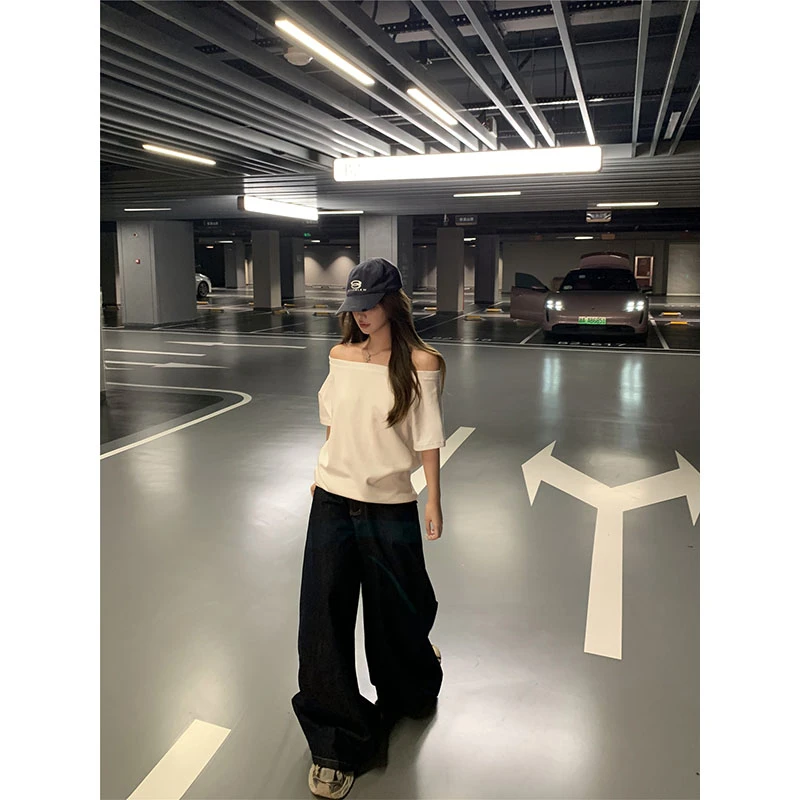 2025春季新款时尚百搭一字肩上衣阔腿美式复古宽松休闲直筒裤长裤