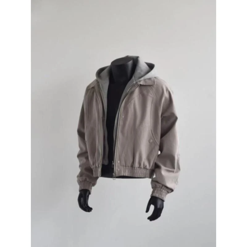 9348 美式cleanfit假两件水洗帆布工装夹克男女连帽短款外套