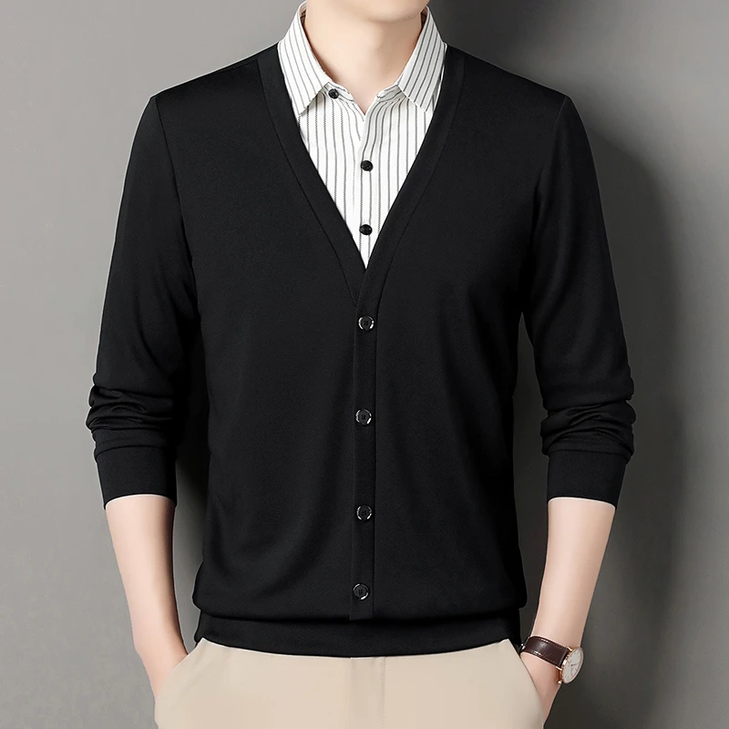 春款假两件纯色男士春秋商务休闲中老年长袖翻领高档百搭Polo衫