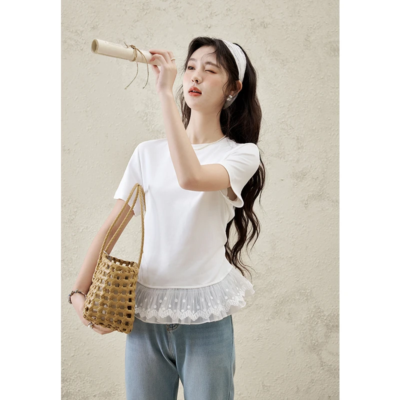 谜秀下摆拼接蕾丝修身T恤女2025春夏新款女装圆领百搭显瘦上衣女