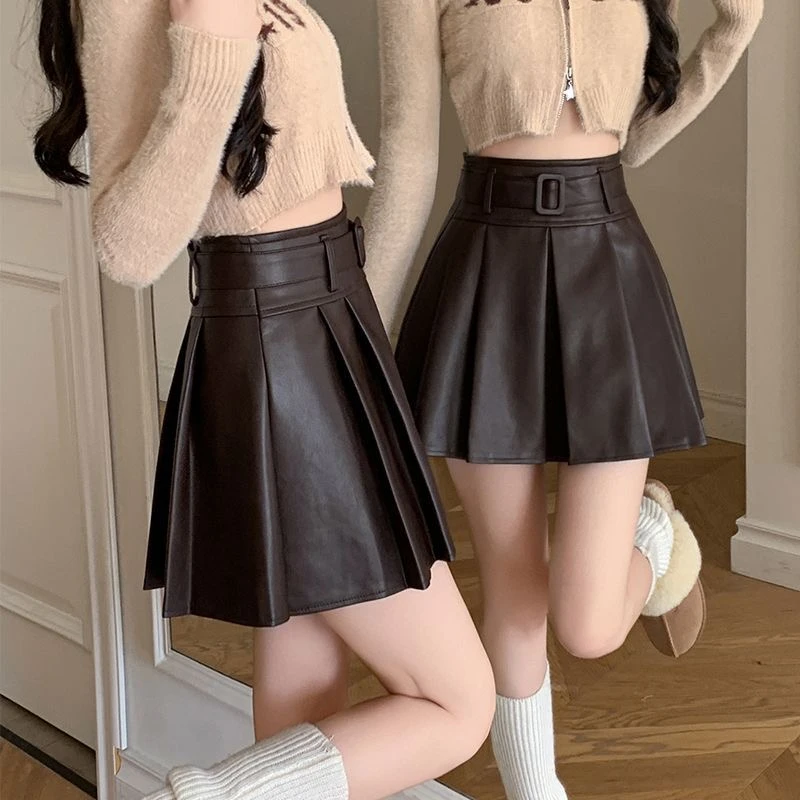2025秋冬新款半身裙女高腰弹力pu皮短裙子时尚百搭显瘦百褶小皮裙