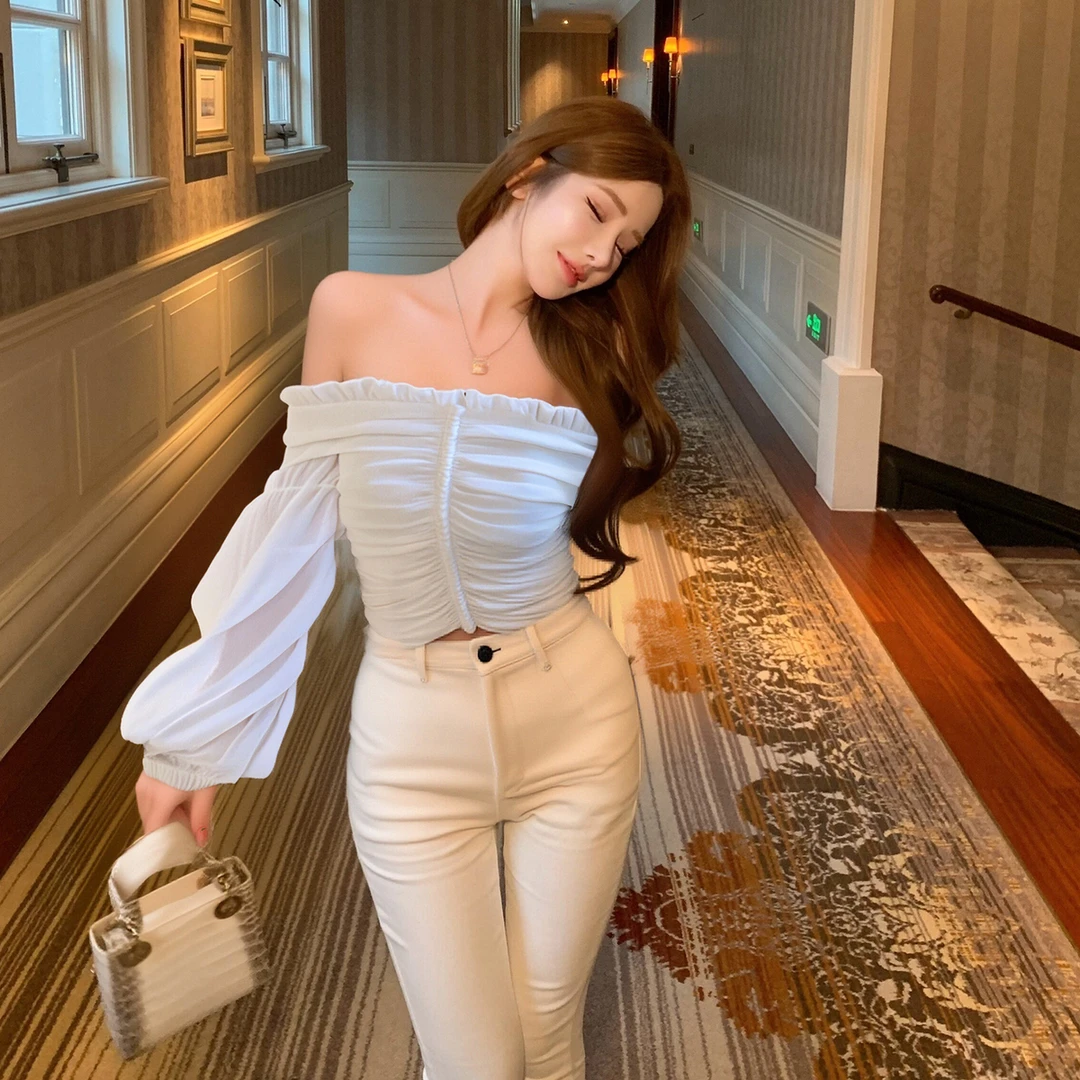 一字肩花边抹胸长袖背心女2025秋新款法式简约气质纯欲风宽松上衣