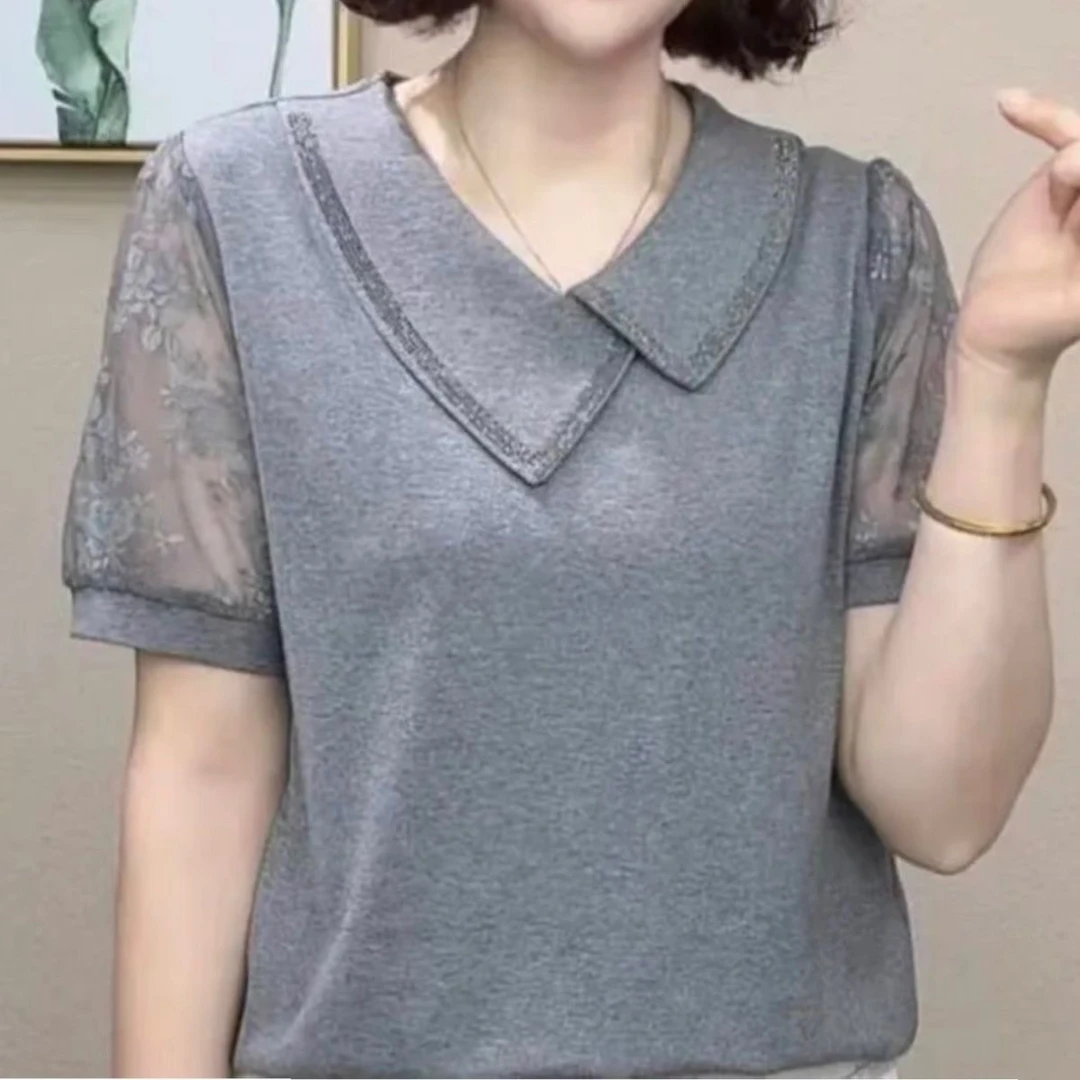 2025夏季新款娃娃领蕾丝镂空烫钻短袖T恤时尚宽松减龄遮肉妈妈装