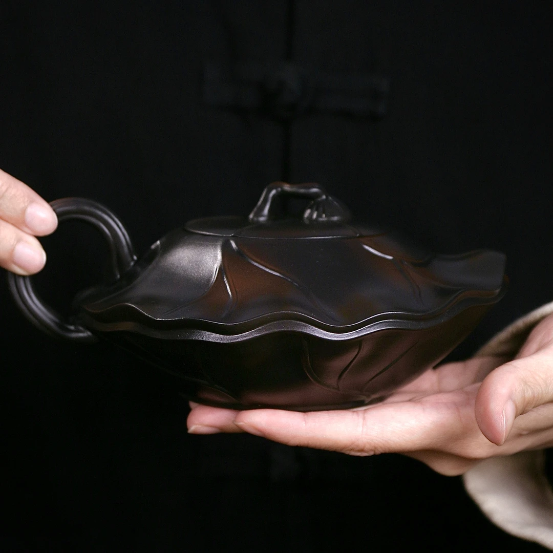 紫陶富甲天下荷叶凤鸣壶大容量中式纯手工泡茶壶复古大号紫砂壶S
