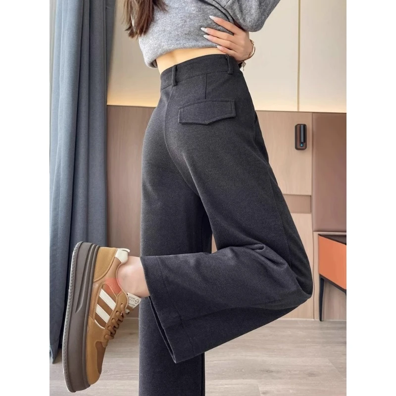 灰色毛呢直筒裤女秋冬2025新款高腰显瘦阔腿九分裤黑色西装裤