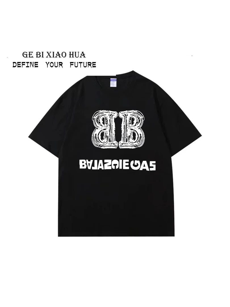 个性美式高街痞帅潮流夏透气夏季纯棉男女同款高品质圆领短袖印花