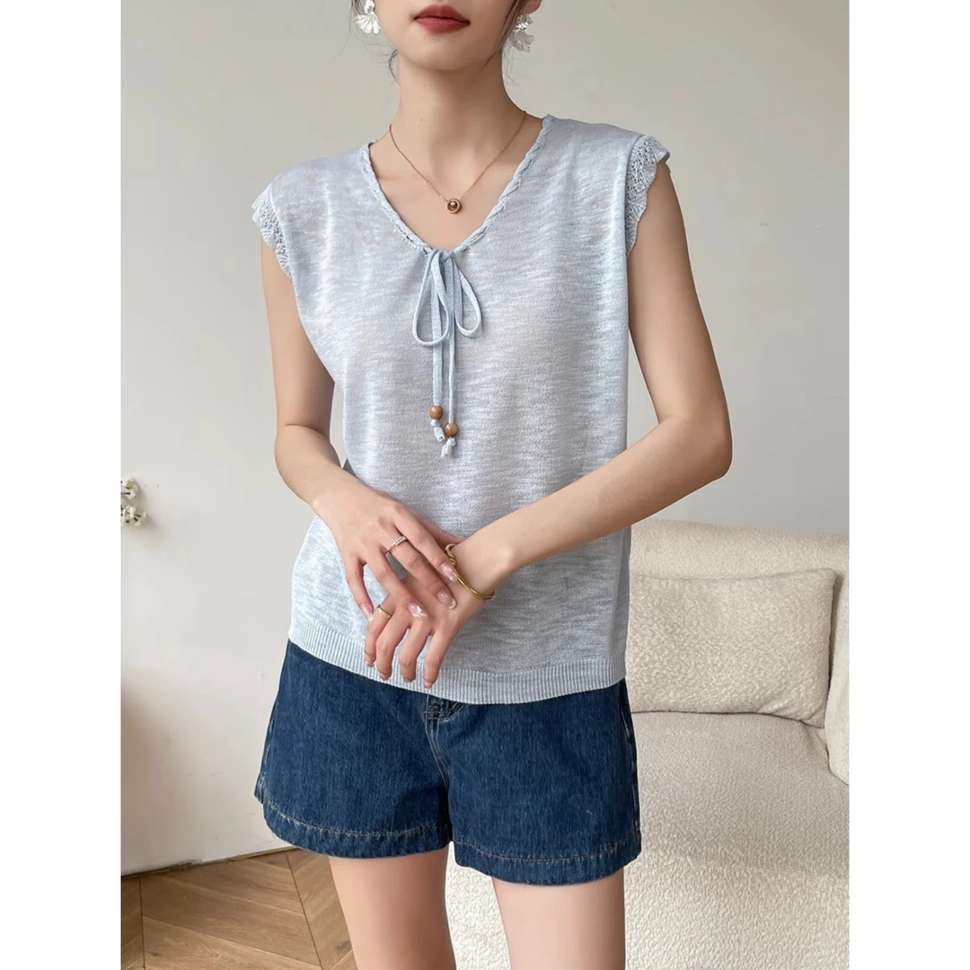 浅蓝色v领针织吊带背心女内搭夏季无袖薄款打底外穿上衣2025新款