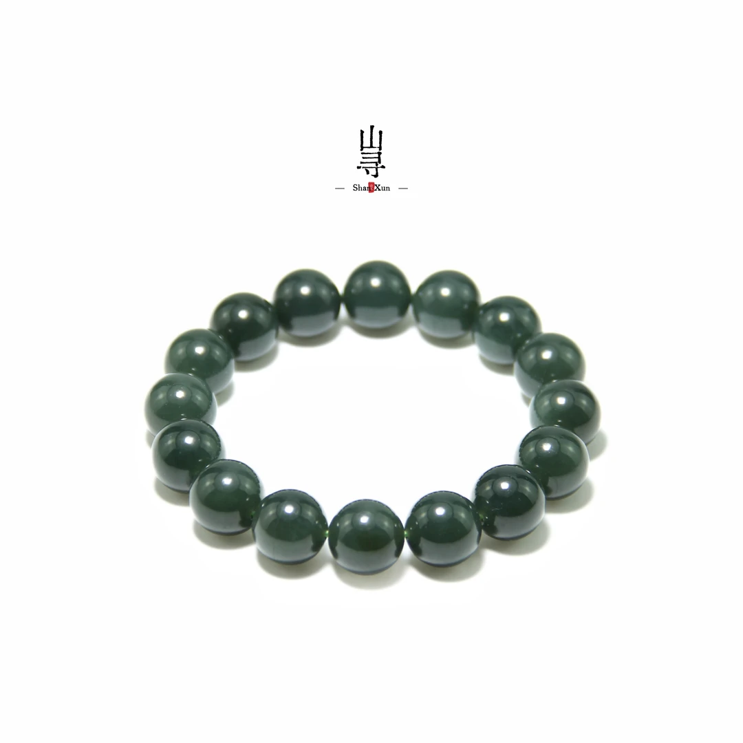 天然和田玉且末青蓝调老熟油料精工圆珠手串12mm