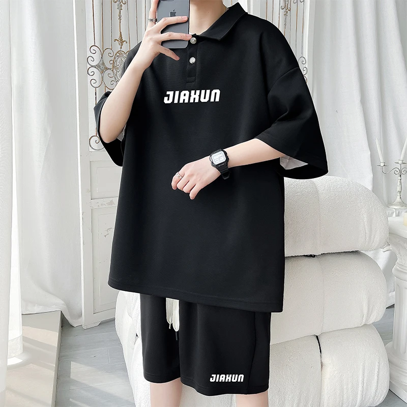 字母简约短袖男士宽松休闲套装夏季复美式古正肩T恤短裤两件套